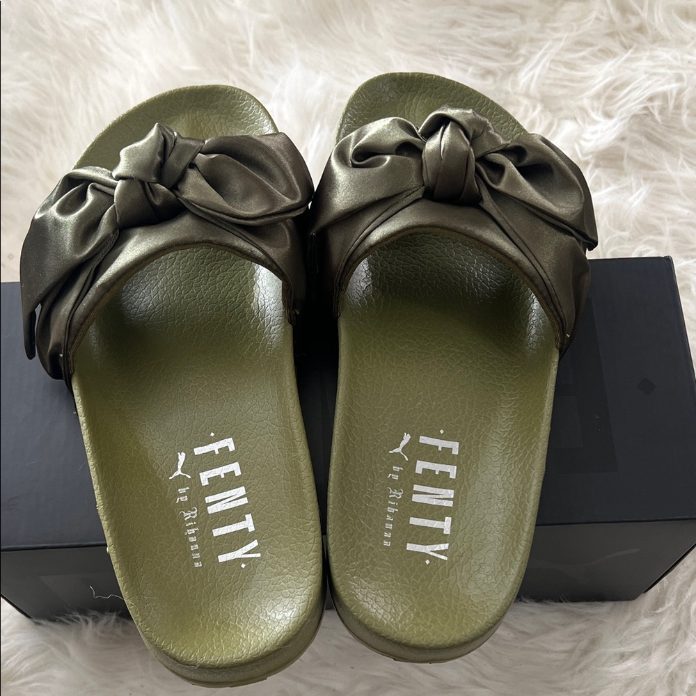 Fenty Beauty Satin Bow Sandals in Olive